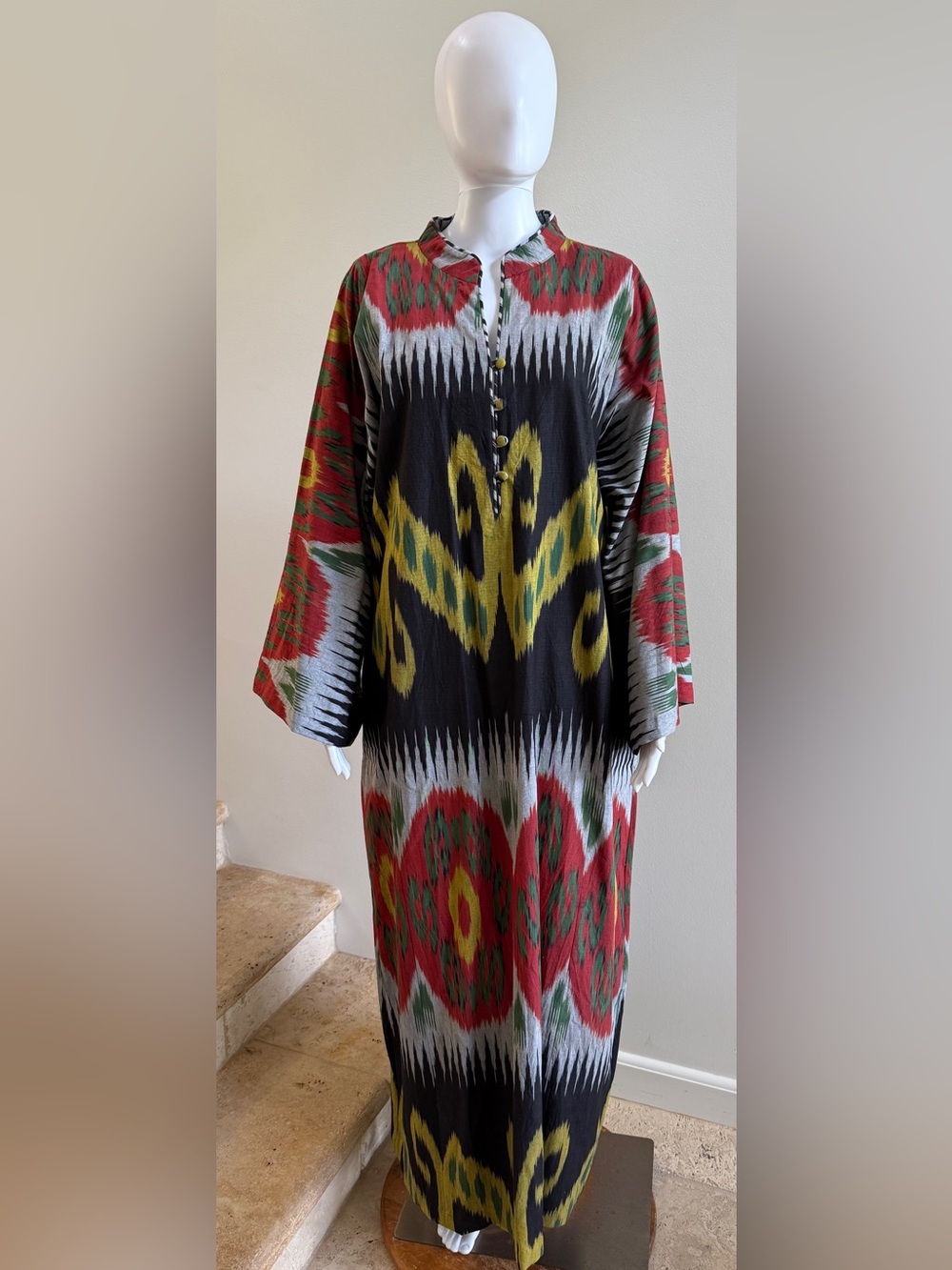 BIBI HANUM Ikat-Print Cotton Tunic Maxi Dress, Size Large